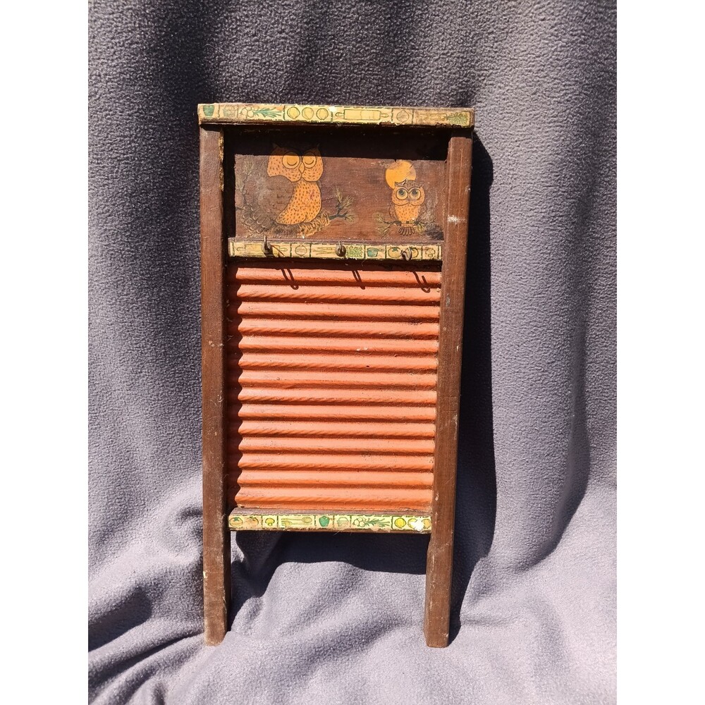 Folk Art Owl Washboard Key Rack Vintage Primitive Rustic Country Wall Décor